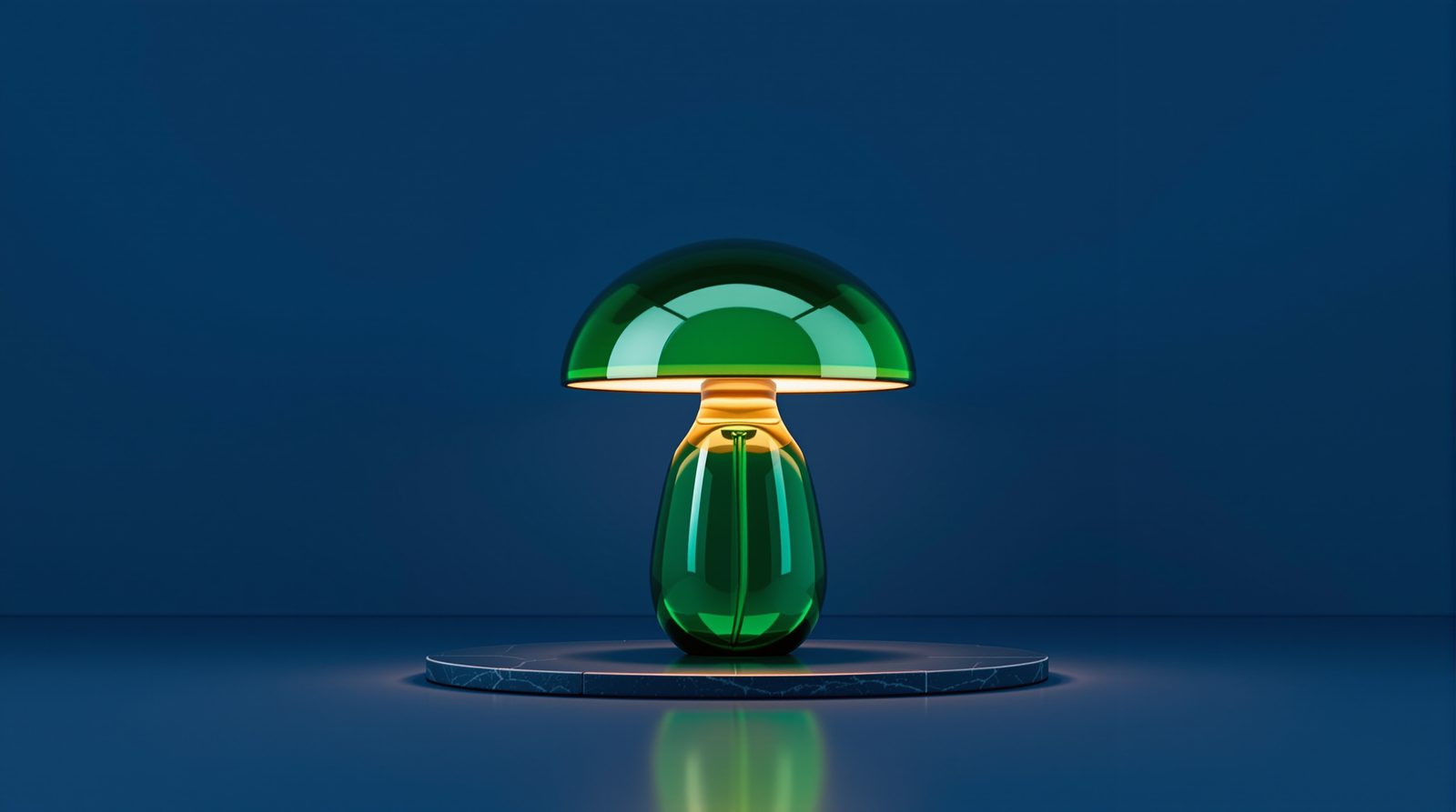 Centered emerald green glass mushroom lamp glowing against a midnight-blue studio backdrop.