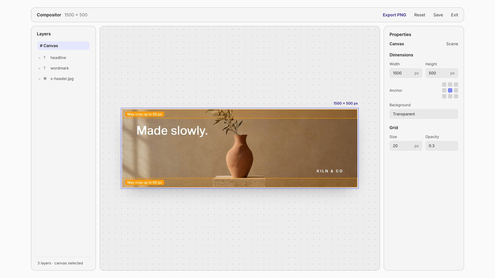 Fuser Compositor with the canvas set to 1500 by 500 pixels for an X header, showing the top and bottom bands X may crop.