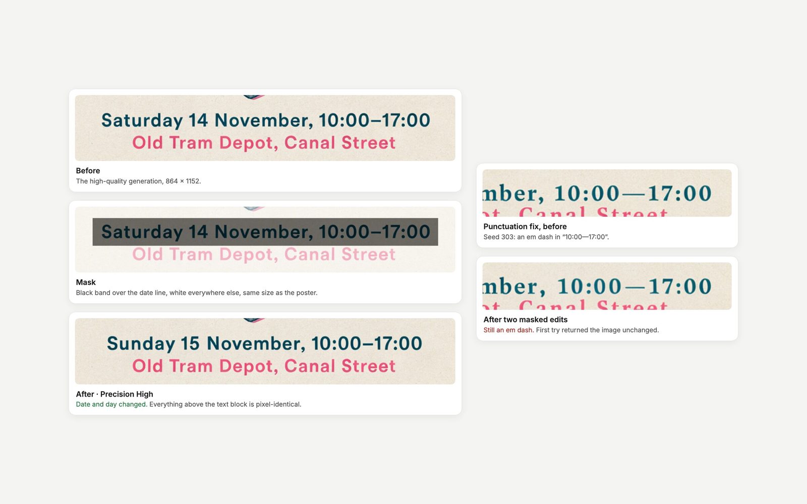 Before and after of a masked Ideogram 4.5 edit changing “Saturday 14 November” to “Sunday 15 November”, next to a failed attempt to change an em dash to an en dash.