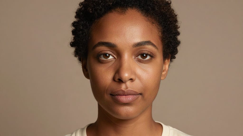 Close-up portrait of a woman with short natural curls, refined with Skin Enhancer against a taupe backdrop.