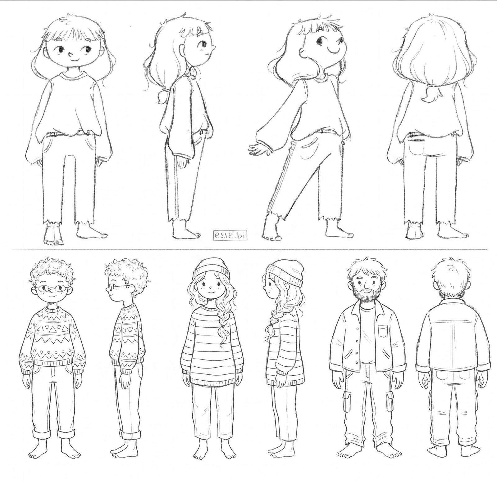 Pencil-style character concept sheet showing children from front, side, back and three-quarter views.