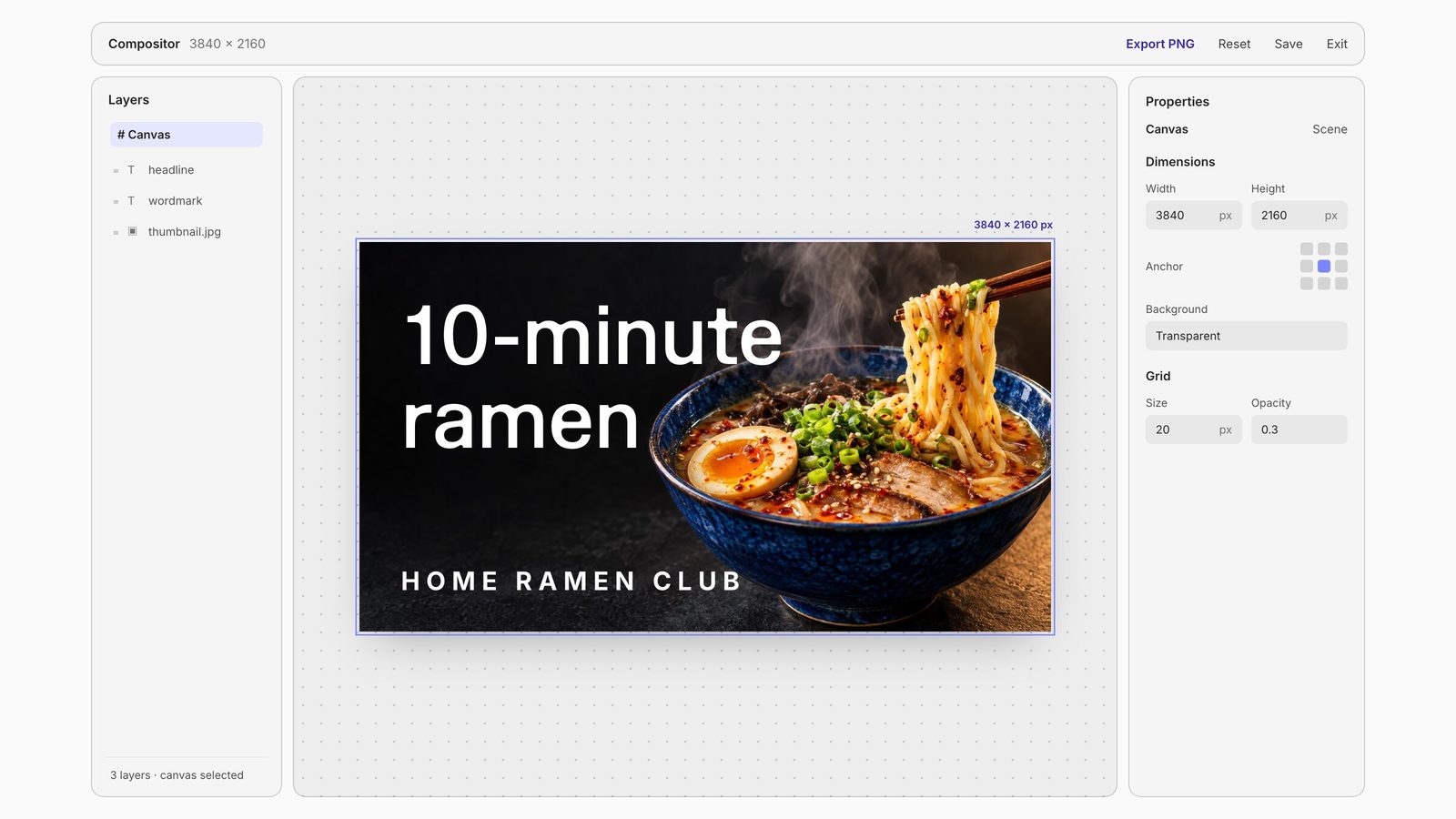 Fuser Compositor with the canvas set to 3840 by 2160 pixels for a YouTube thumbnail with a large two-line title over a ramen photo.