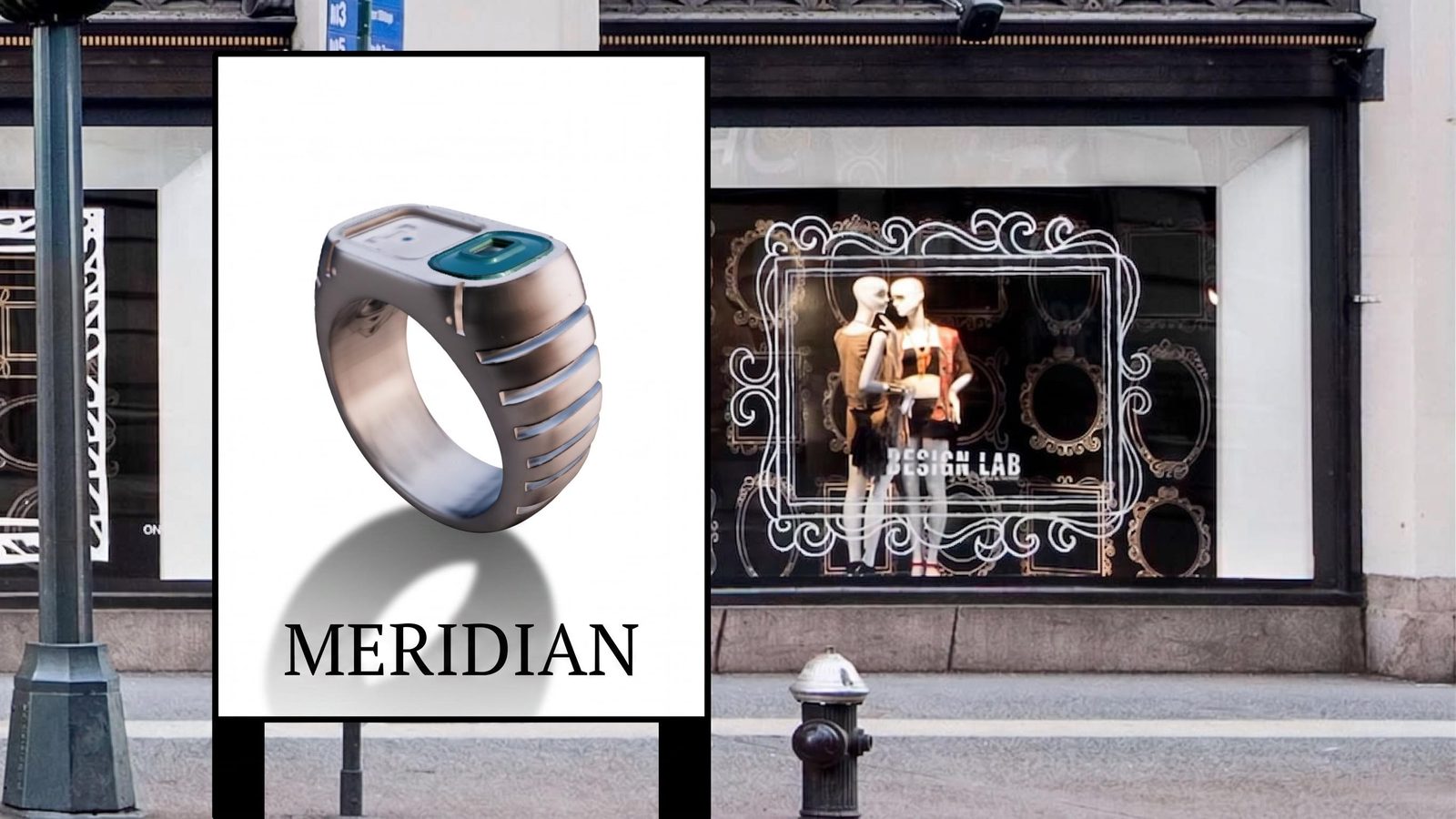 Street advertising mockup featuring a Meridian ring poster beside a fashion storefront.