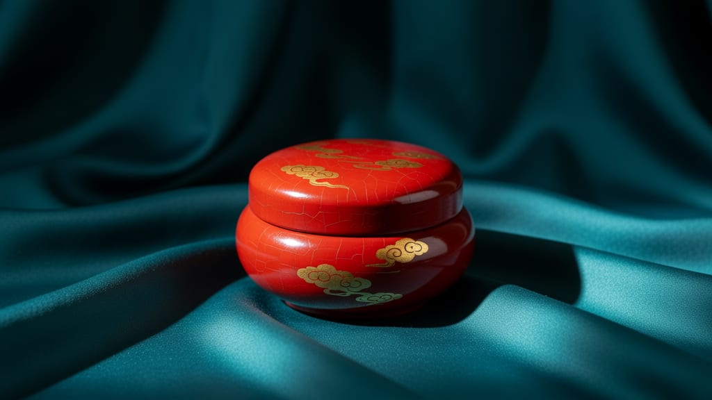 Round vermilion lacquer box with gold cloud motifs on dark teal silk.