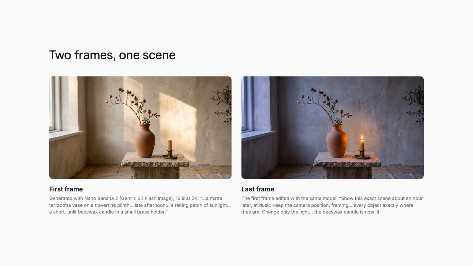 The first frame, a terracotta vase on a travertine plinth in late-afternoon sun with an unlit candle, beside the last frame: the same scene at dusk with blue light and the candle lit.