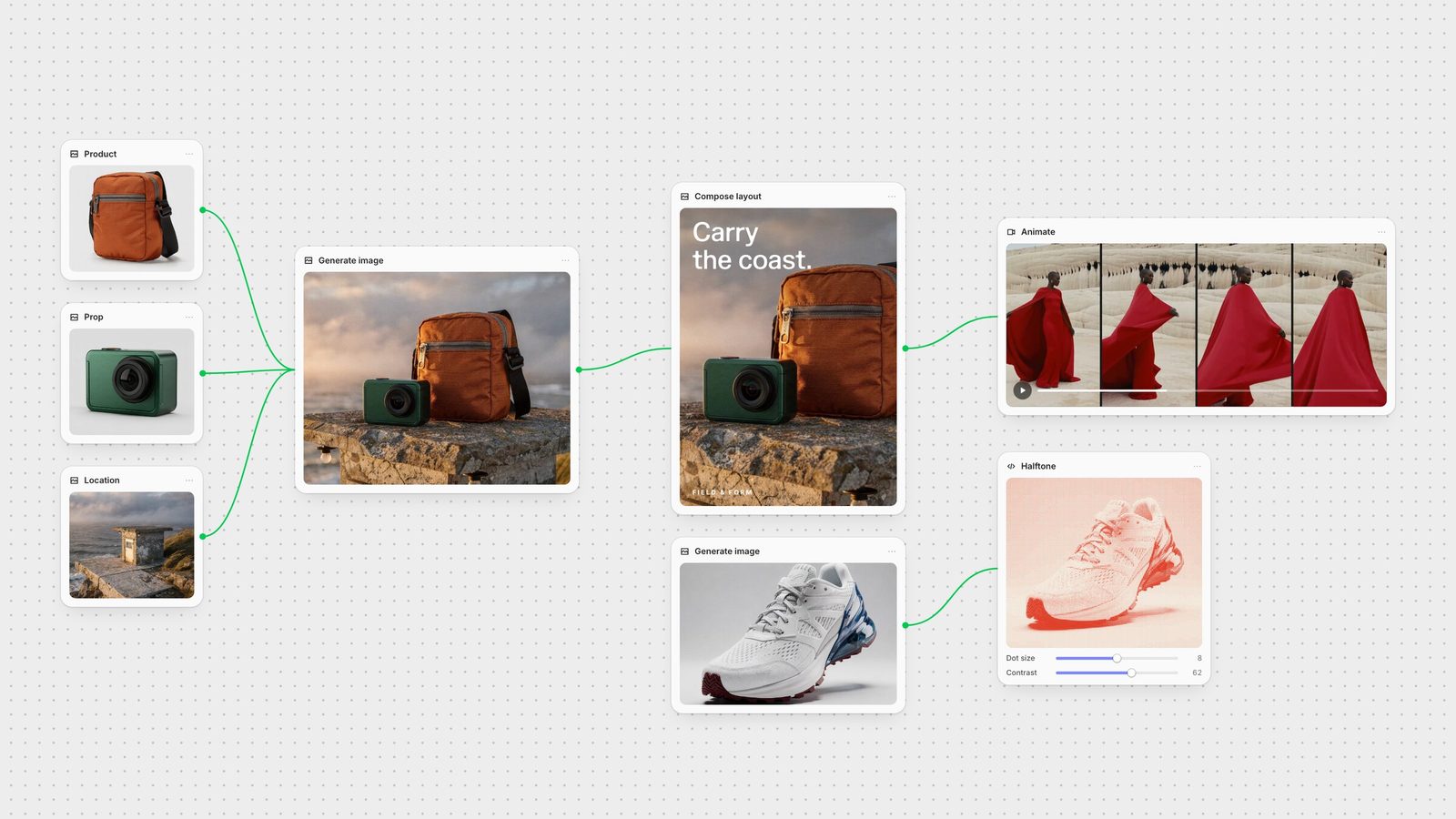 Fuser canvas with product references, a generated campaign image, a headline layout, a video and a halftone tool on one board.