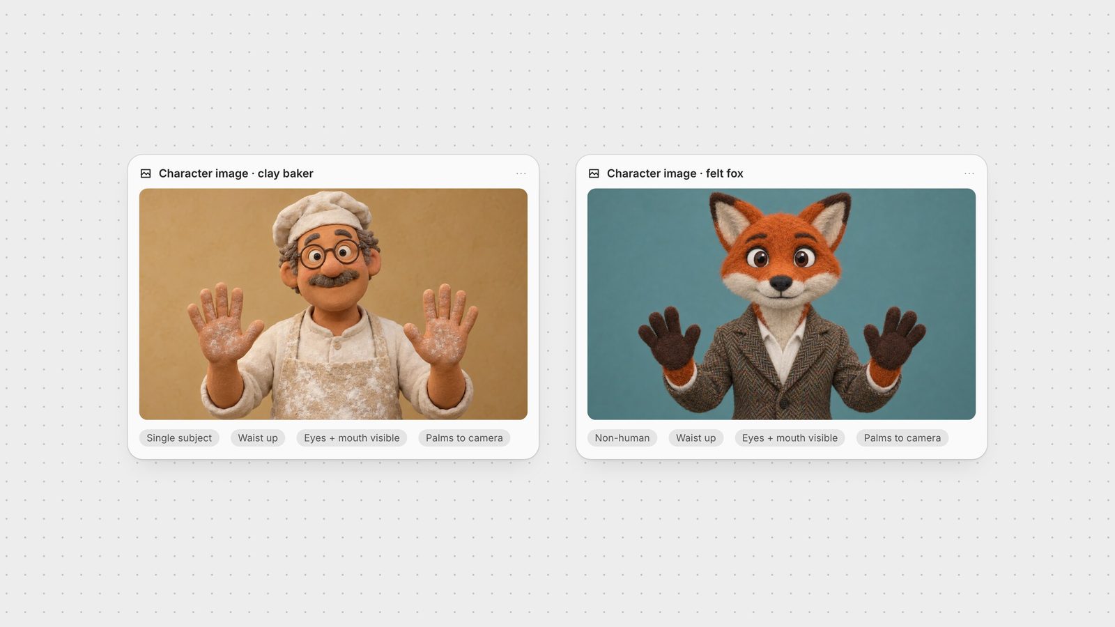 Two Act-Two character images made with GPT Image 2.5: a clay baker and a felt fox puppet, each waist up, facing camera, palms raised toward the camera.