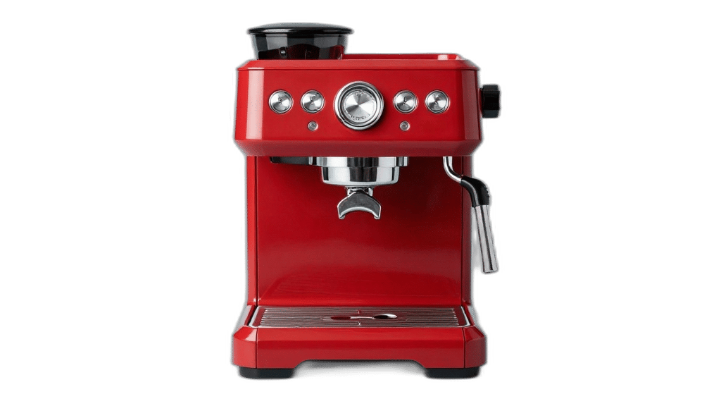 Cherry-red espresso machine isolated by Rembg on a transparent background.