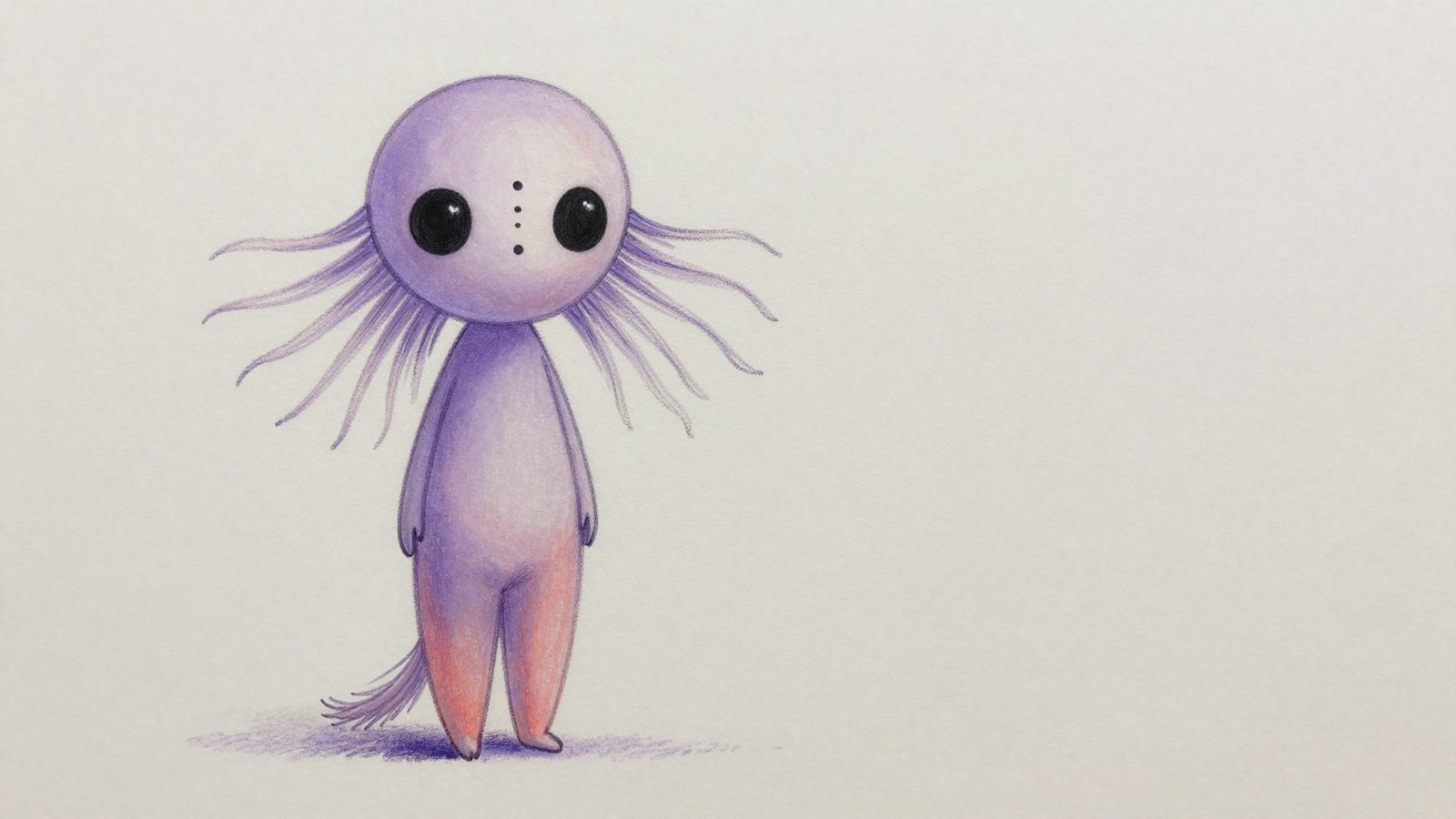 Purple character concept with large dark eyes and delicate tentacle-like fronds on a pale background.