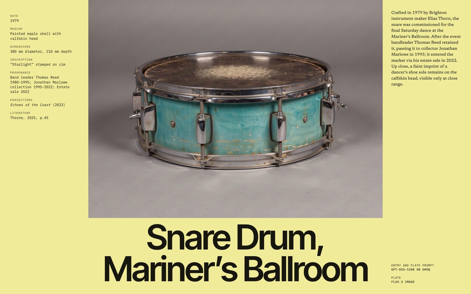 Worn turquoise snare drum with chrome lugs on grey, on a pale yellow catalogue page titled Snare Drum, Mariner’s Ballroom