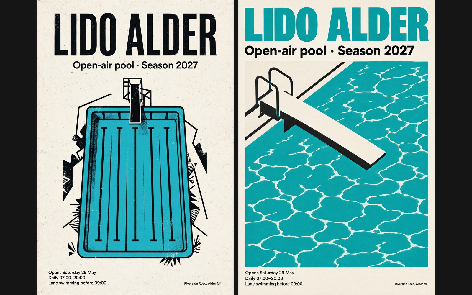 LIDO ALDER swimming pool posters from Muse Image (left) and GPT Image 2.5 (right); both spell every line, including the small print.