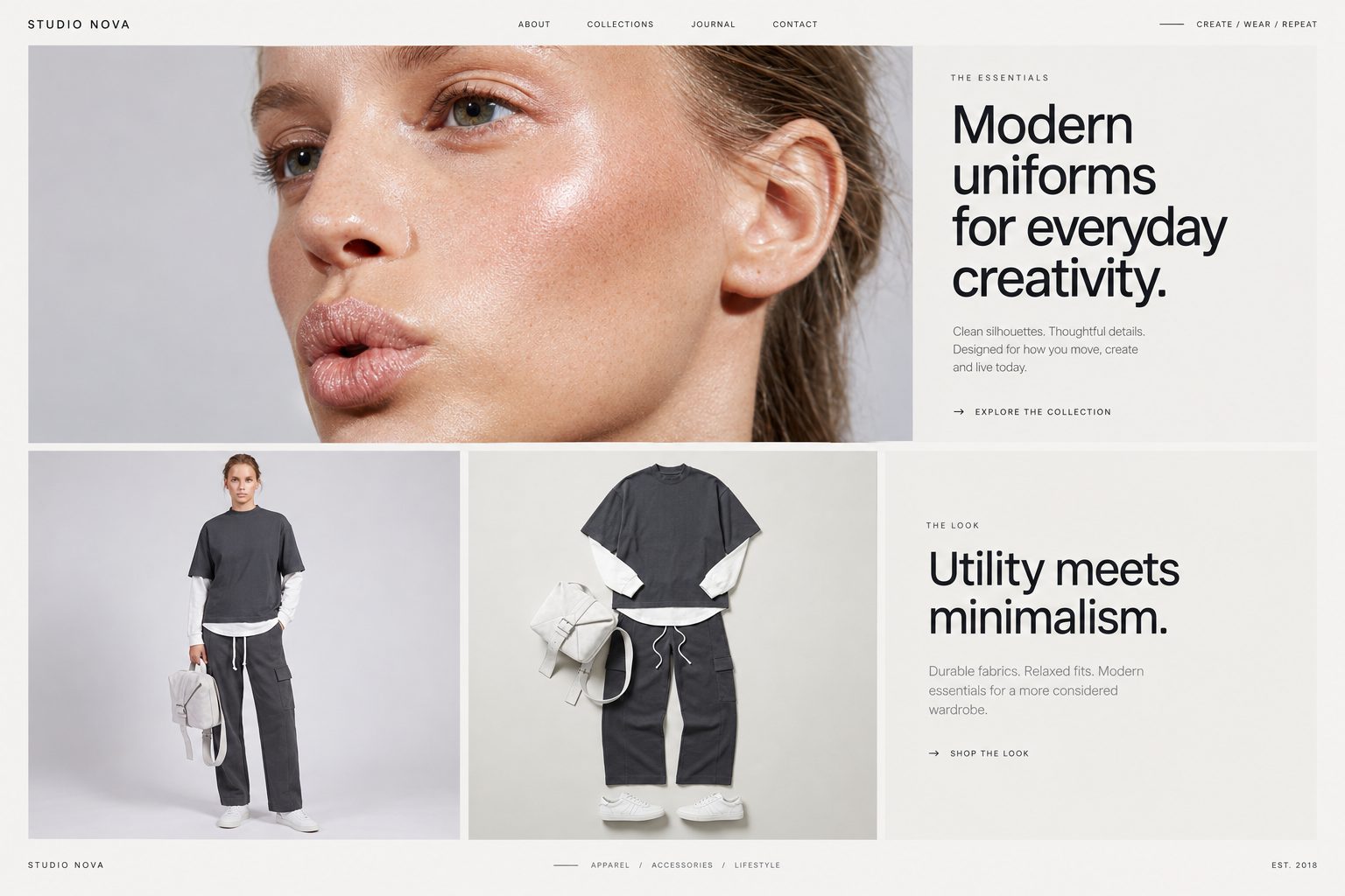 Minimalist fashion website concept combining a close-up portrait, clothing imagery and modern-uniform messaging.