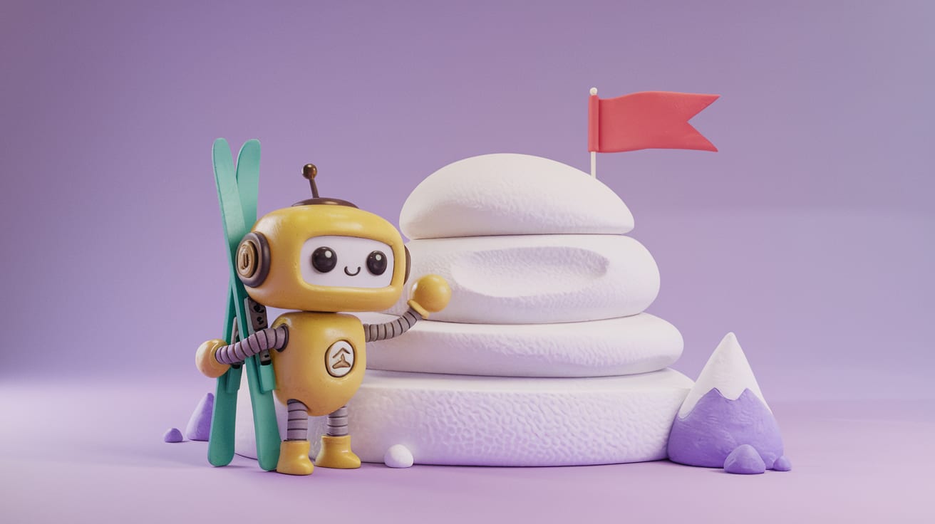 Yellow toy robot with turquoise skis beside a sculptural snow mound.