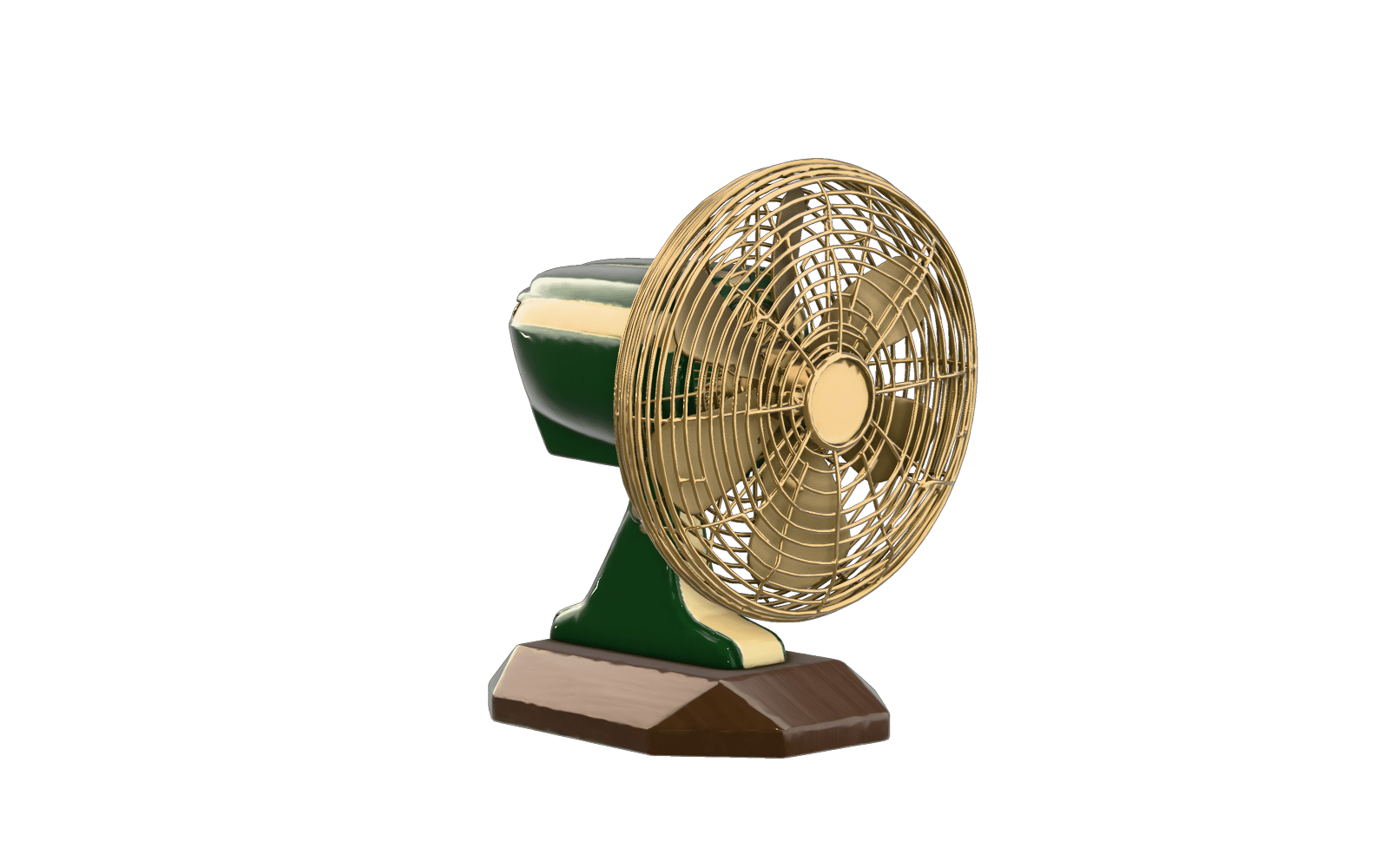 sculptural emerald-green and cream Art Deco table fan, brass grille with wide clearly separated blades, walnut base, designer collectible — rendered from a native trellis-2 3D generation