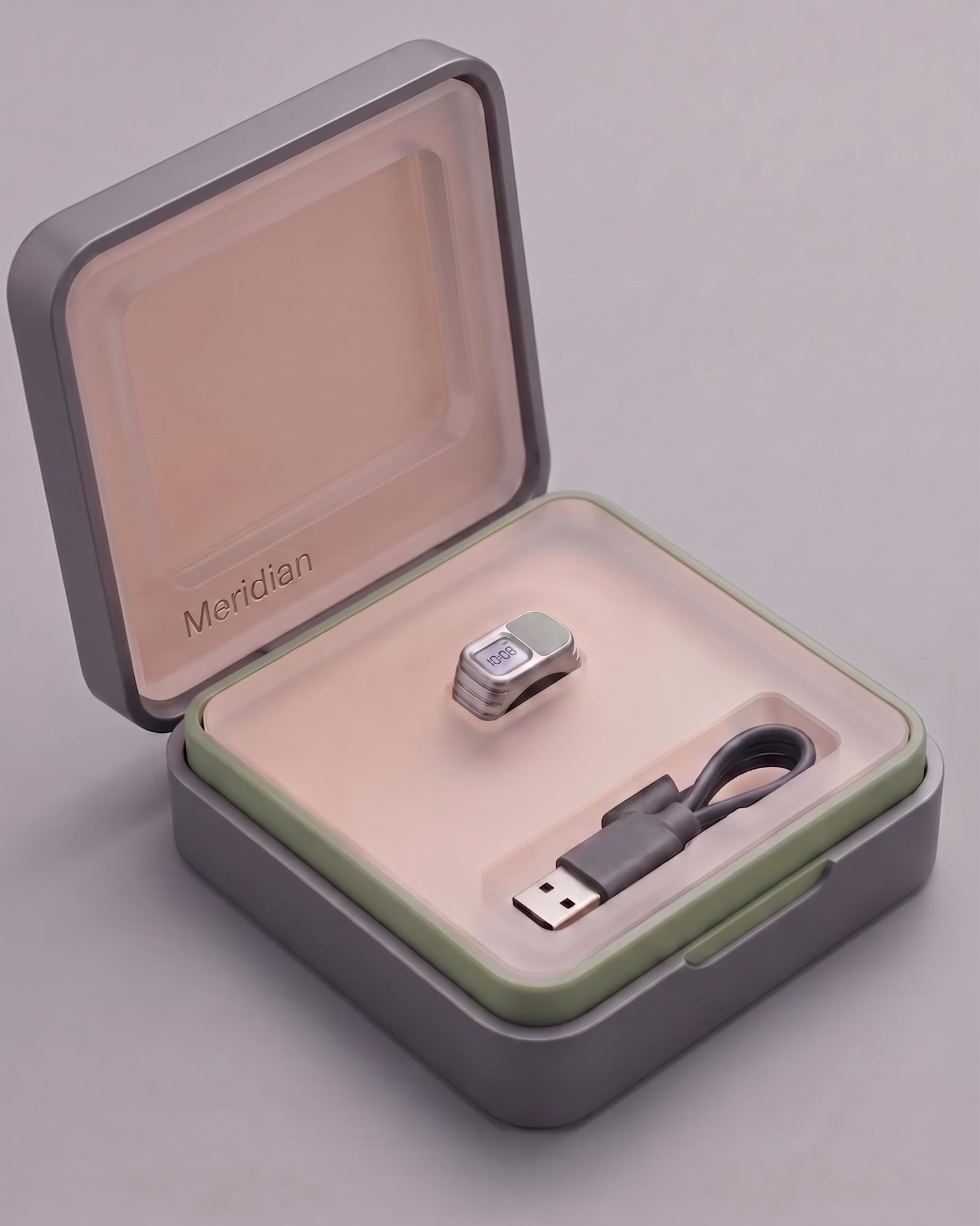 Product presentation concept with a small metallic USB device and cable in a cushioned open case.