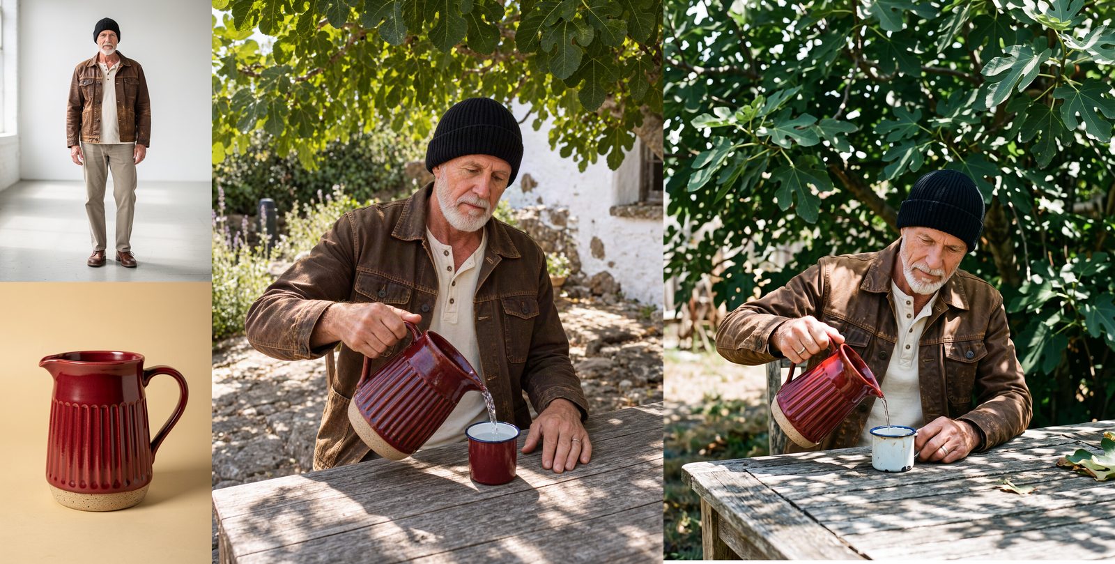 Two input images, a bearded man in a black cap and an oxblood ribbed pitcher, then the Krea 3 and Nano Banana 2.1 composites of him pouring water under a fig tree.