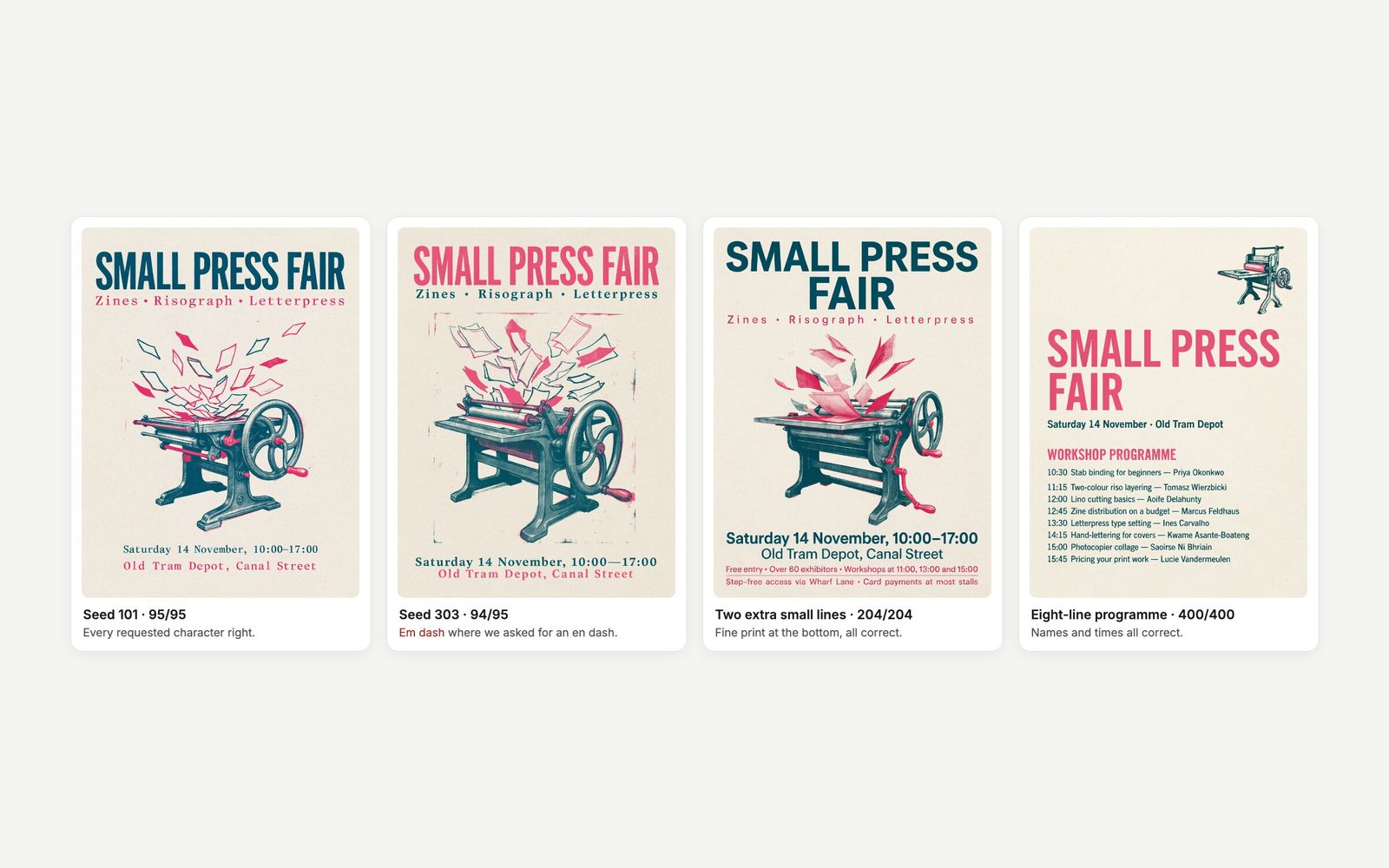 Four Ideogram 4.5 Small Press Fair posters, from a simple headline layout to an eight-line workshop programme. All words are spelled correctly; one has an em dash.
