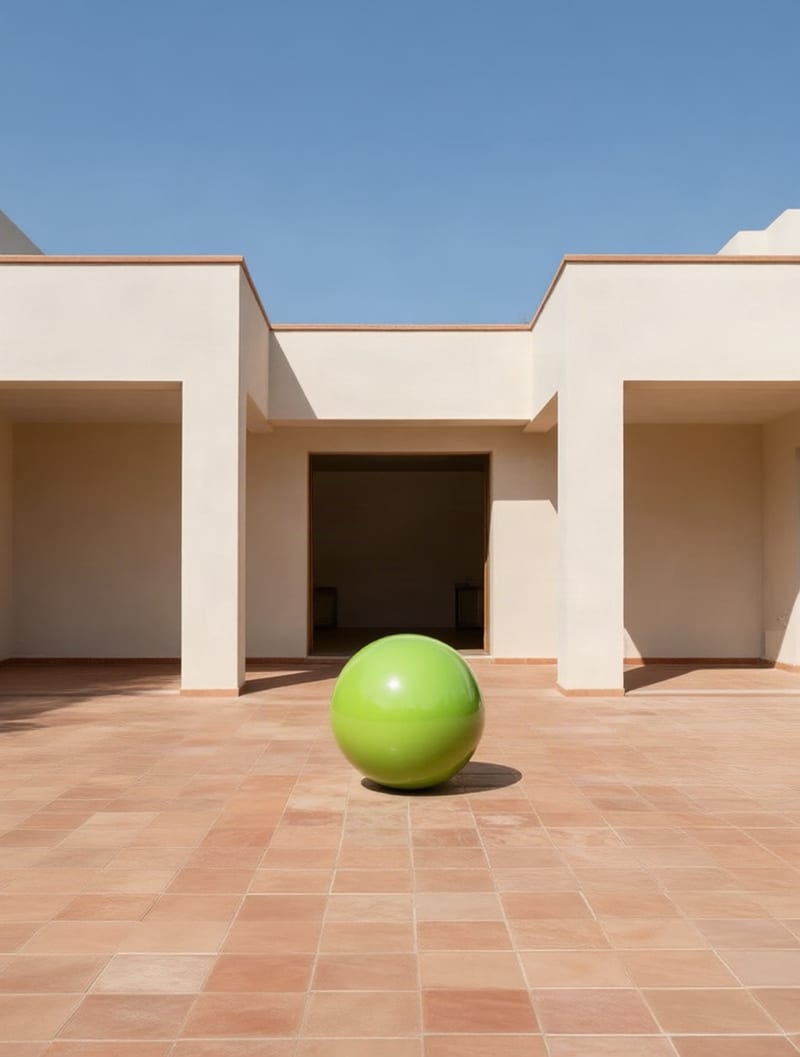 Wide camera view of a green sphere in a terracotta courtyard with expanded paving and peripheral architecture.