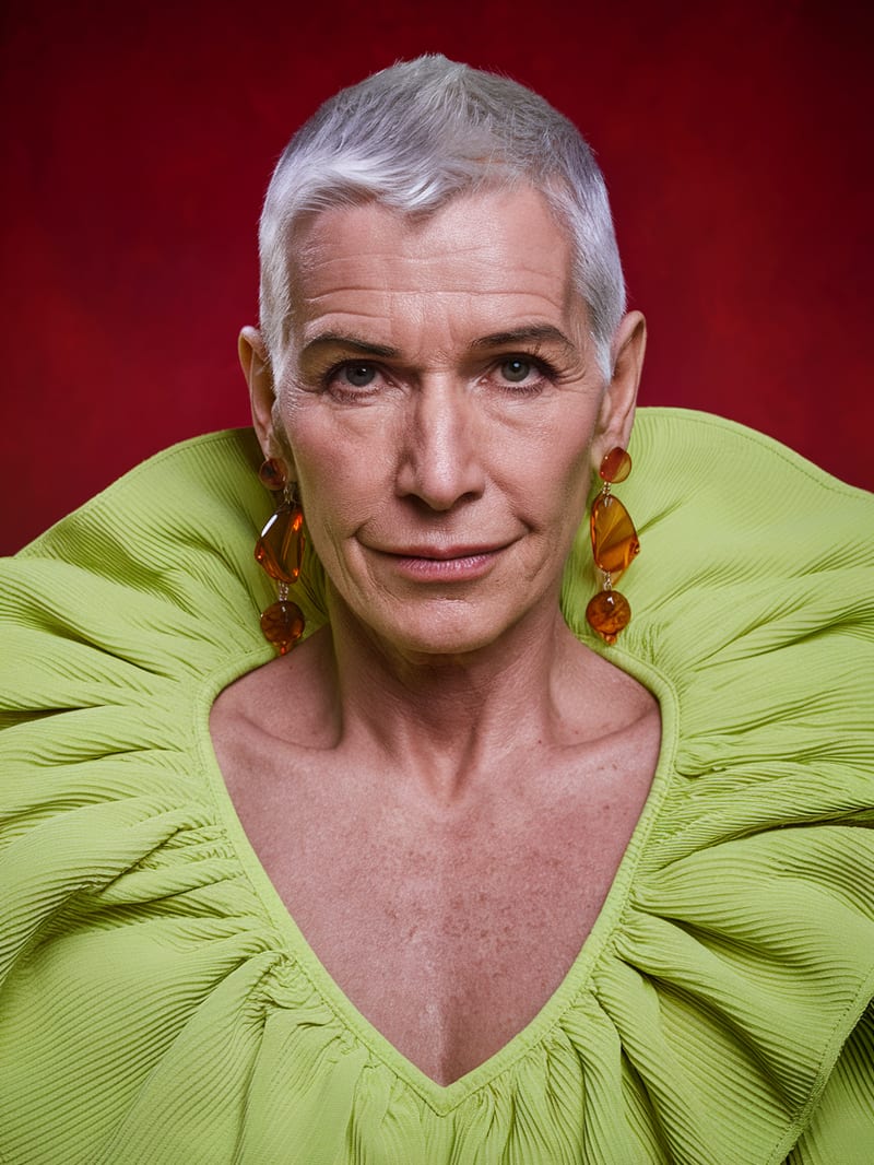 Silver-haired older fashion model wearing a sculptural lime blouse against crimson.