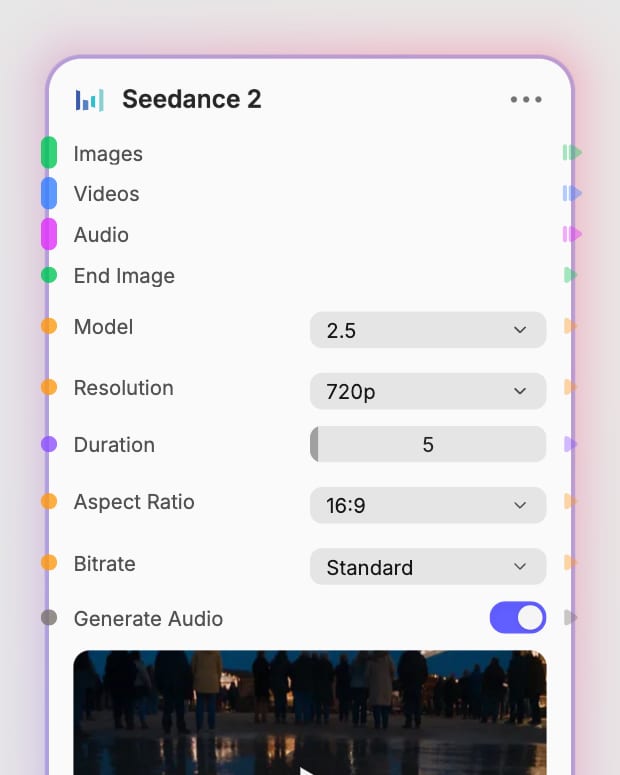 Seedance 2 generator settings with 720p, five-second video and audio enabled