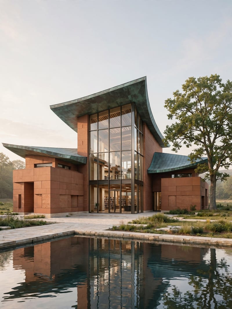 Muse-generated architectural concept of a terracotta library with copper roof planes, a glazed reading hall and reflecting pool.