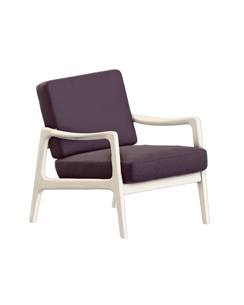 minimalist plum upholstered lounge chair, pale ash timber frame, elegant broad sculptural arms, clean form — rendered from a native meshy 3D generation