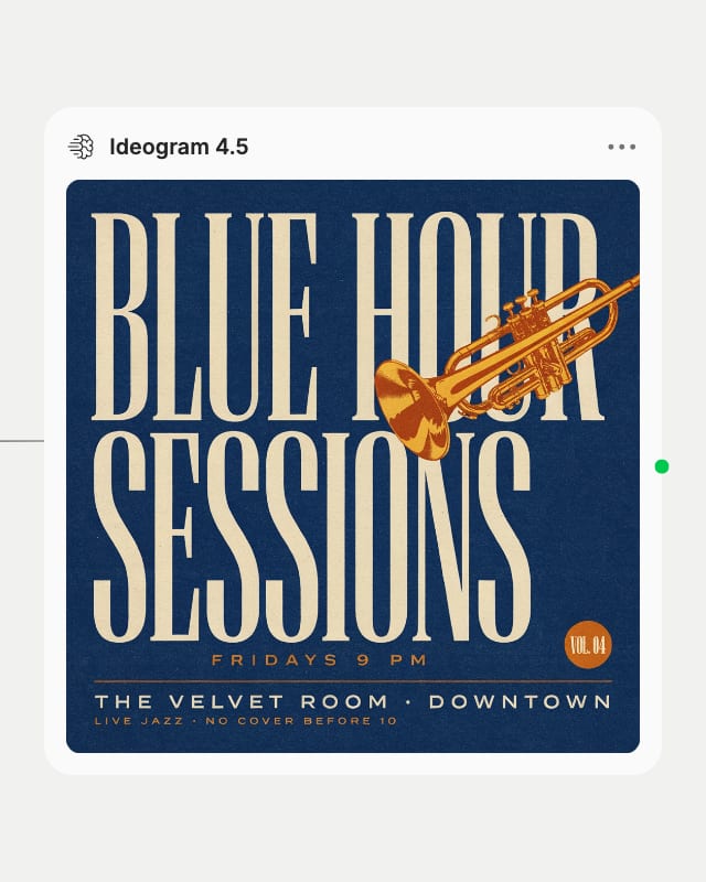 Ideogram 4.5 node in Fuser displaying the finished Blue Hour Sessions poster with crisp condensed lettering.