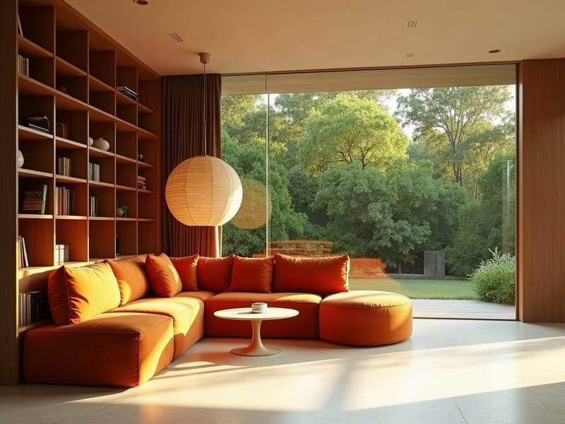 Warm modernist living room with an orange sofa, walnut shelves and garden view, generated with FLUX.1 Dev.