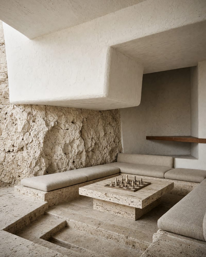 Sunken lounge with rough limestone wall, cantilevered white plaster, oatmeal built-in sofas and a travertine table holding a chess game mid-play
