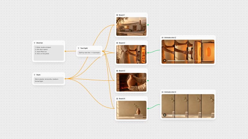 Fuser canvas: a shot list split into four prompts, four storyboard frames with a shared style, and two frames animated into video shots.