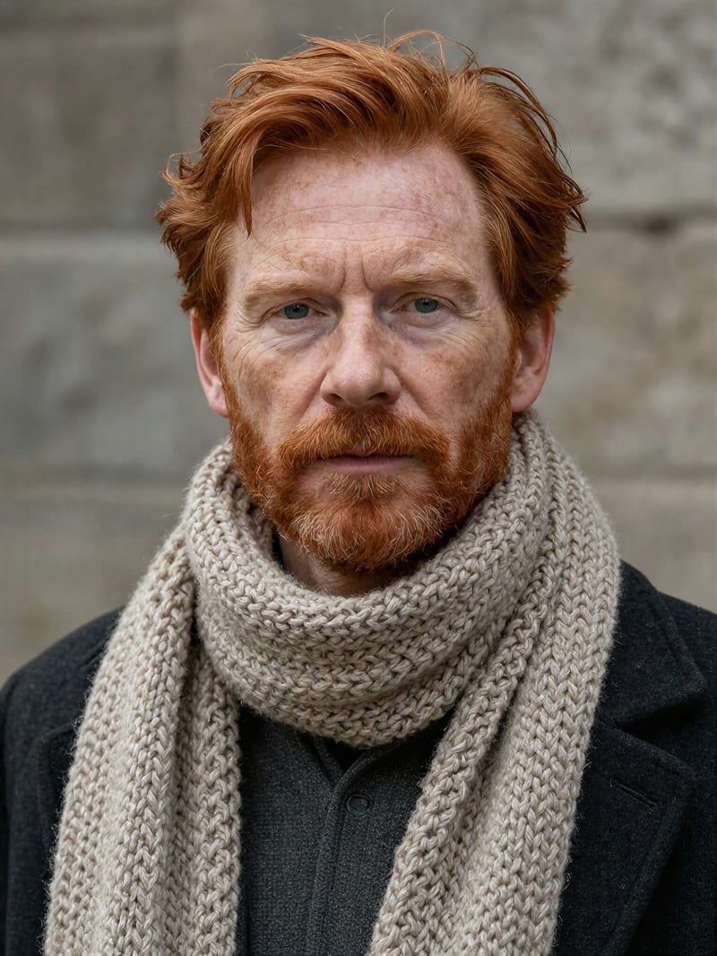 Topaz Wonder 3.5 enhancement of a fictional red-haired man, showing detailed beard and knitted scarf.