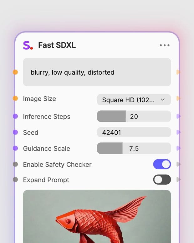 Fast SDXL settings in Fuser showing 20 inference steps, seed 42401, guidance 7.5 and prompt expansion off.