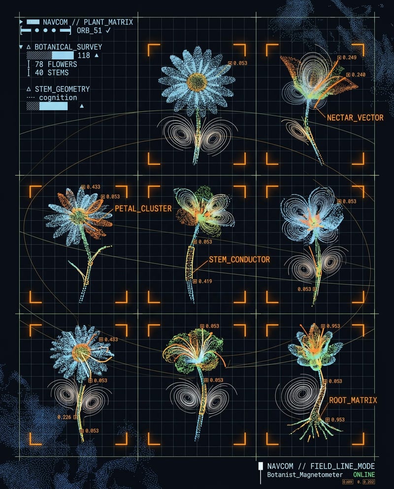 Futuristic interface concept arranging luminous flower studies within a dark grid of scanning indicators and data labels.