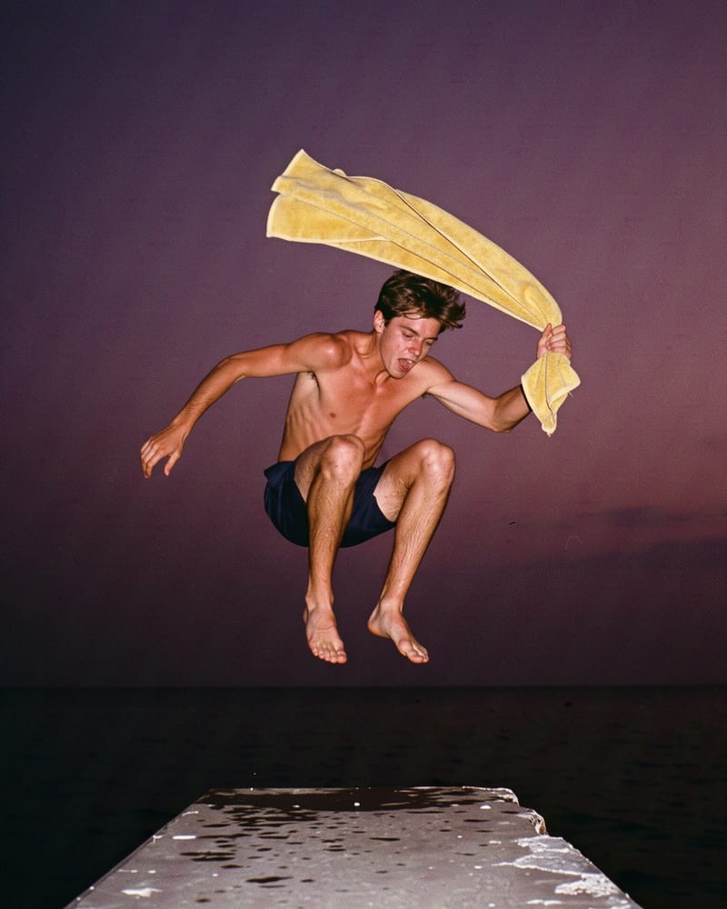 A young man leaps from a harbour wall at dusk, a yellow towel flying overhead against a violet sky