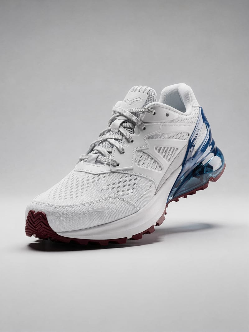 White running shoe with blue heel and dark red sole in a FLUX.2 Pro product photograph