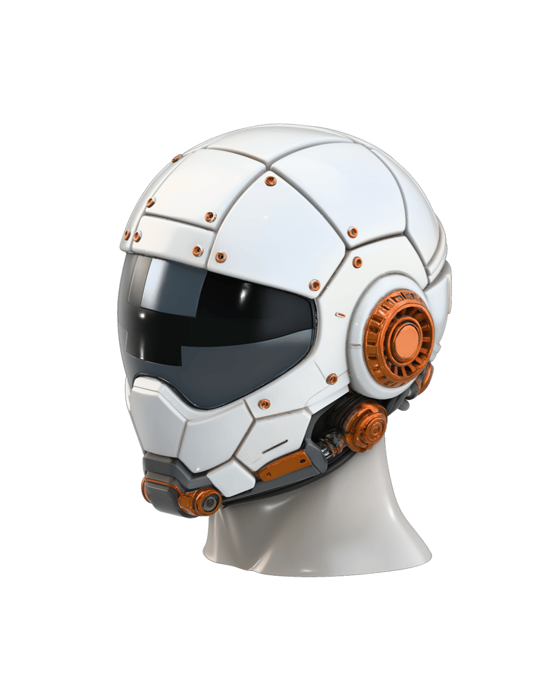 Pearl cybernetic helmet with orange ear pieces and a dark visor, generated with Hunyuan3D V3.