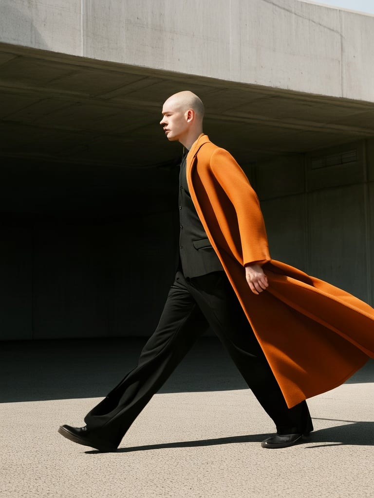 Shaved-head male dancer in a flowing orange coat crossing a concrete plaza, generated with Wan-2.2 Lite.
