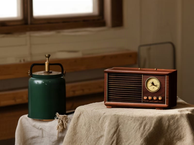 Vintage radio and green metal vessel arranged on raw linen in a workshop, generated with Wan-2.2 Lite.