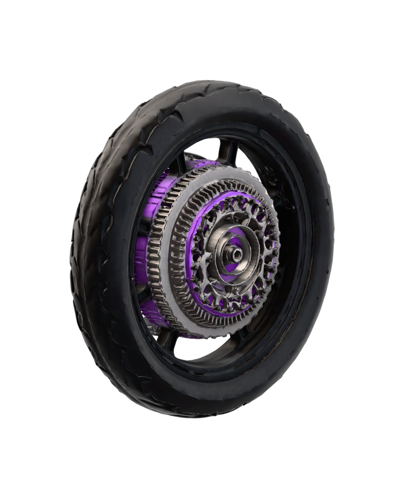 mechanical electric motorcycle wheel assembly with anodized violet hub, silver brake disc and black rubber tread — rendered from a native trellis-2 3D generation