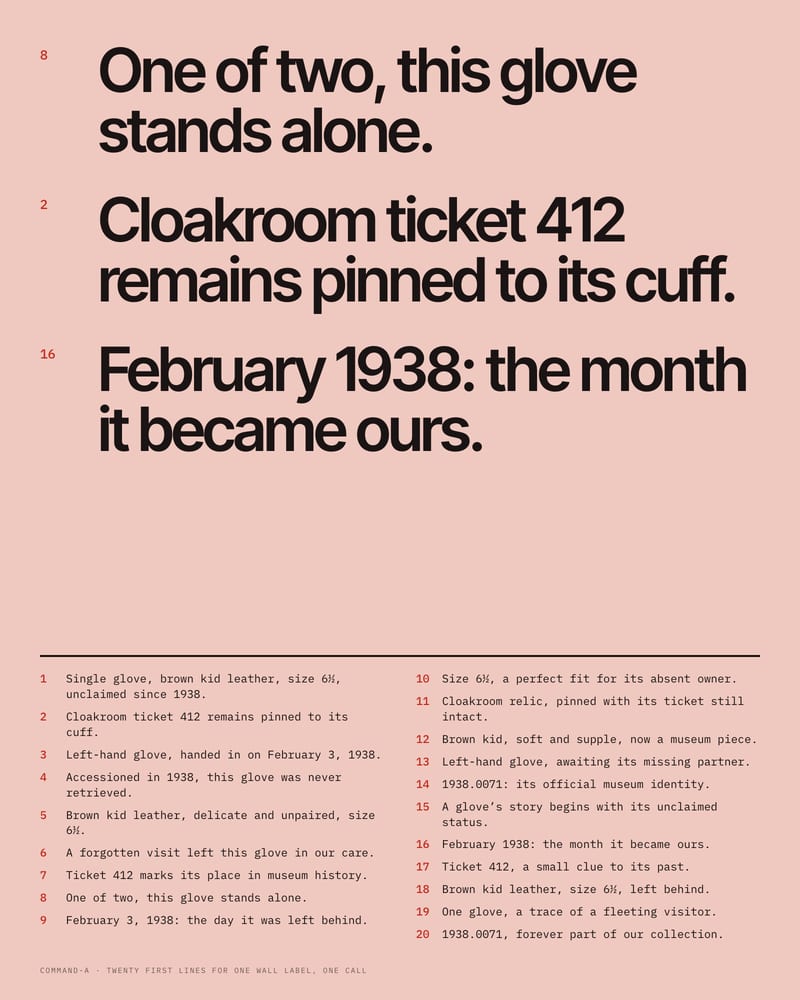 Pink page with three wall-label first lines for an unclaimed 1938 glove set large, and all twenty candidate lines listed small below