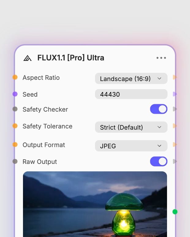 Real Ultra node settings showing 16:9 aspect ratio and enabled Raw Output.