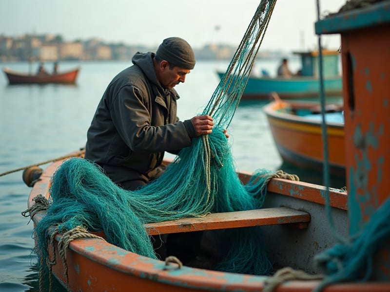 Fictional documentary-style scene of a fisherman handling turquoise nets in a harbor, generated with FLUX.1 Dev.
