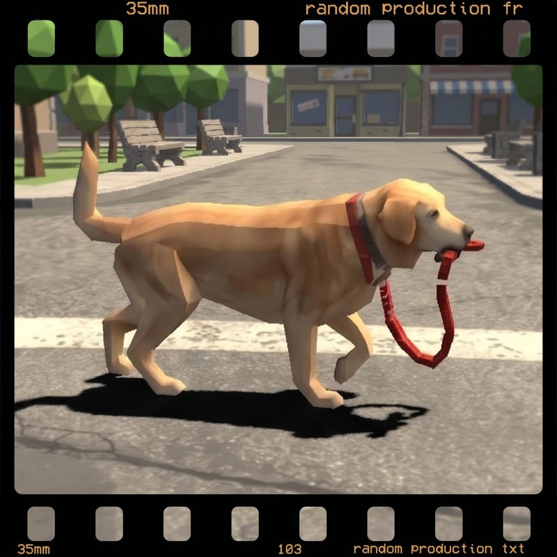 Stylized dog concept carrying a red leash along a city street, framed by a filmstrip border.