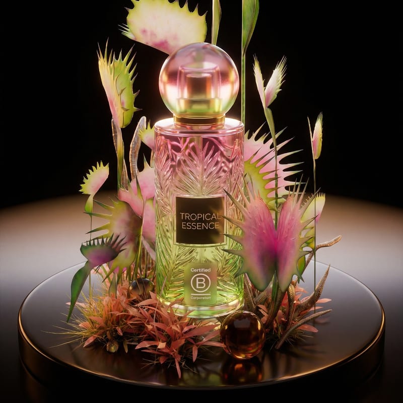 Still product-ad concept of an ornate perfume bottle surrounded by colorful plants on a circular display.