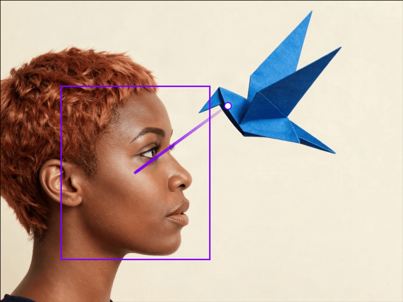 Moondream Detection gaze overlay tracing a woman’s sightline to a blue origami bird.