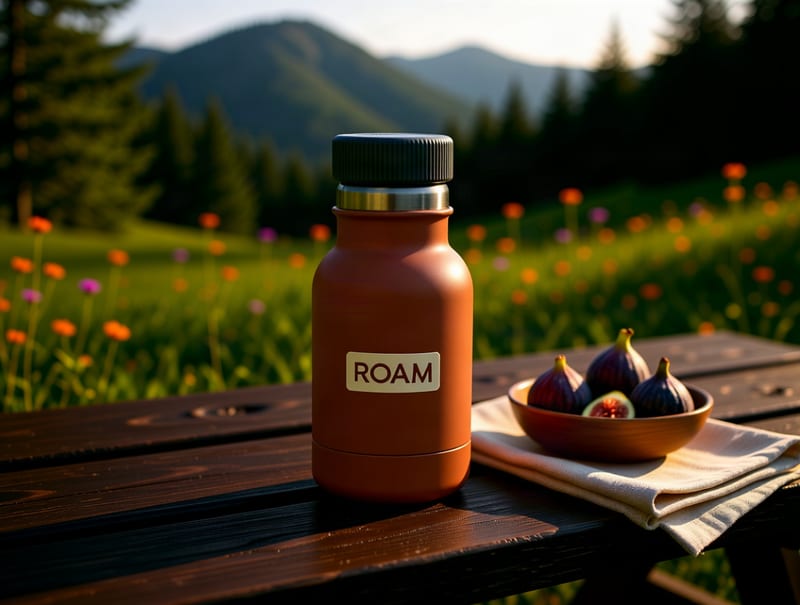 A terracotta ROAM bottle placed into a sunny mountain picnic scene using Qwen Edit Plus.