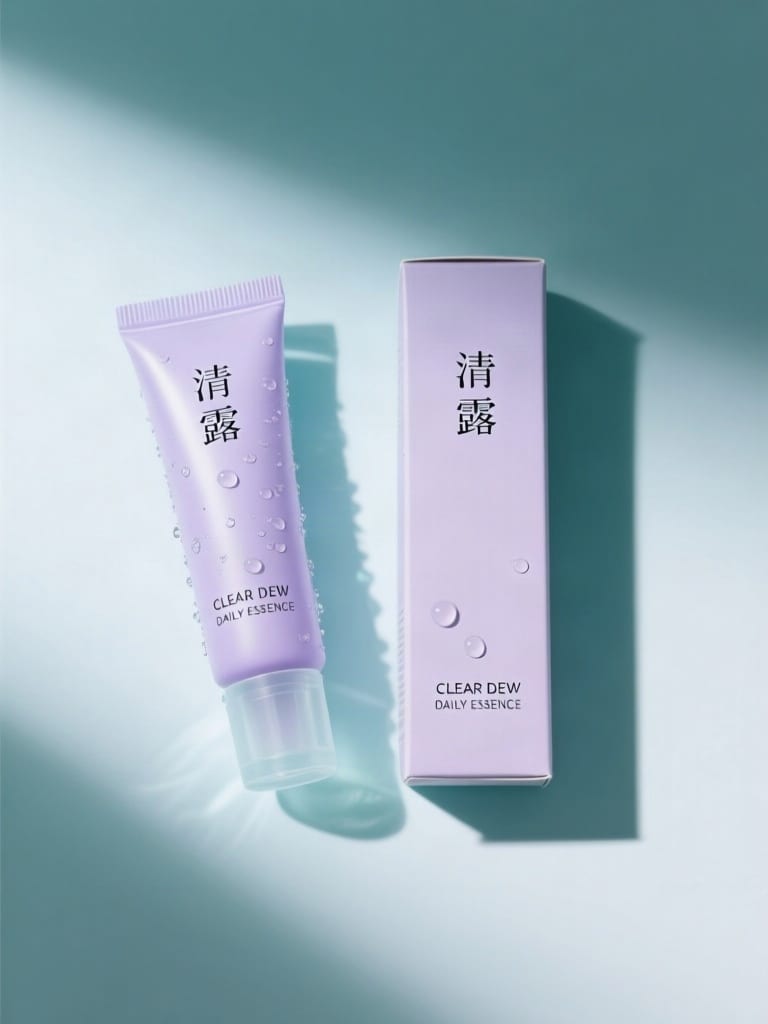 Lilac CLEAR DEW skincare packaging with Chinese lettering on an aqua background.