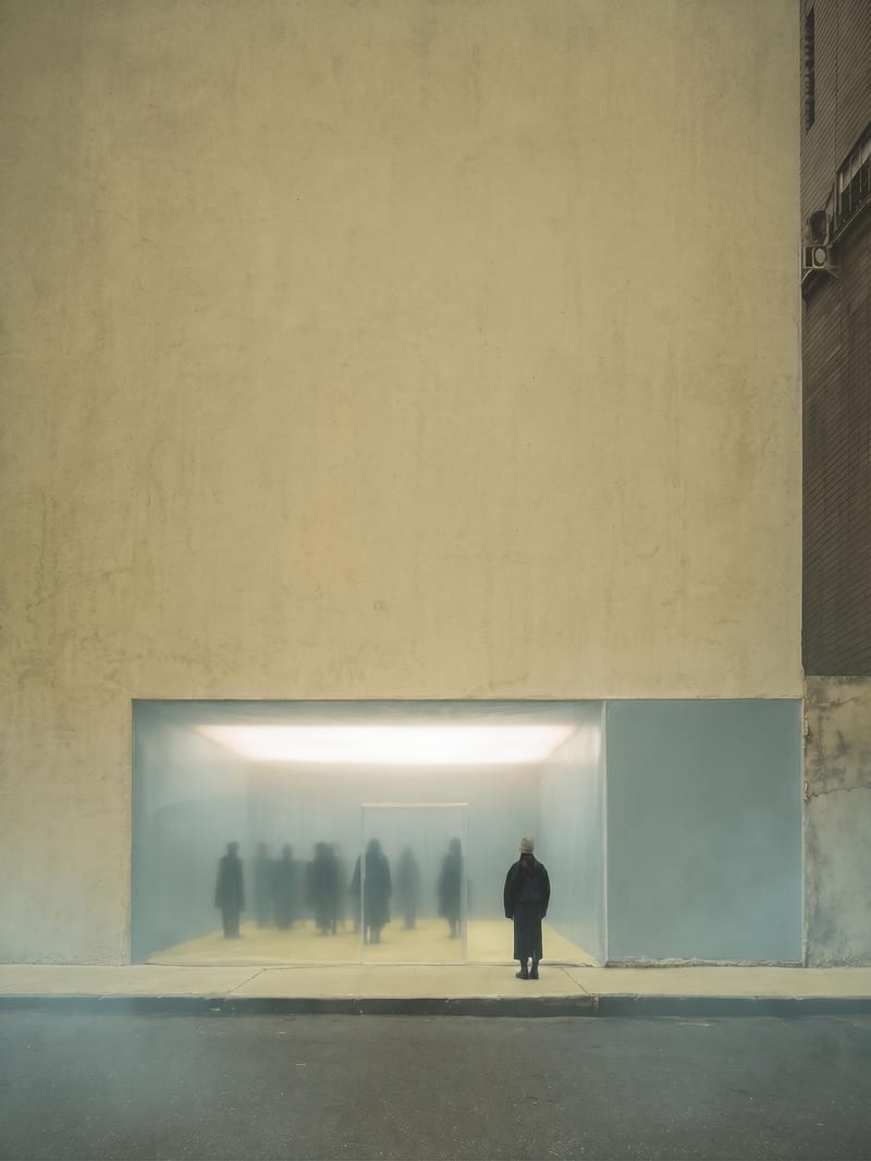 Vertical cinematic frame concept with a lone figure facing a brightly lit glass enclosure and distant silhouettes.