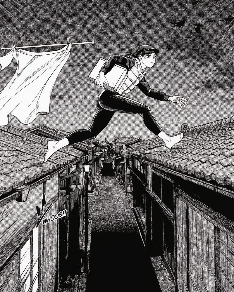 Black-and-white manga splash page of a courier with a parcel leaping between tiled rooftops above an alley