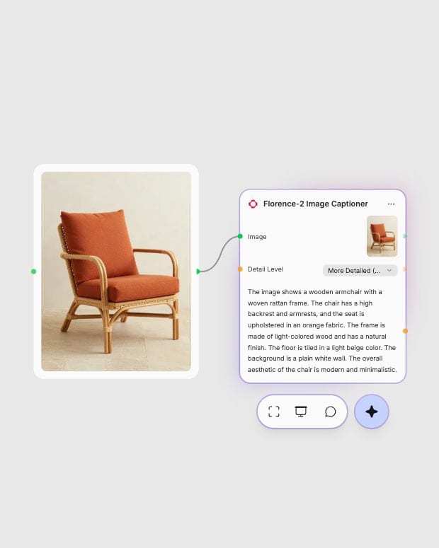A dedicated rattan chair source photograph and its actual Florence-2 descriptive caption in Fuser.